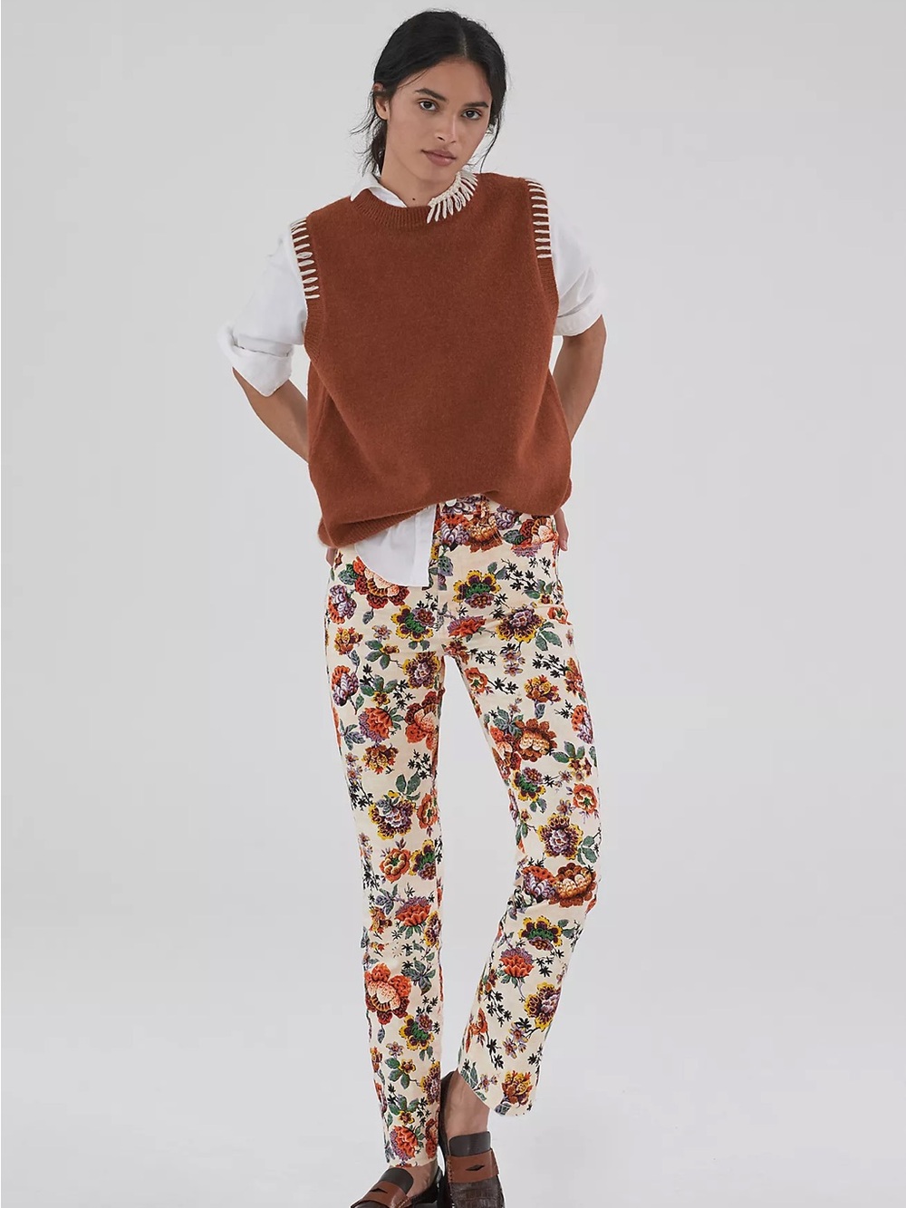 Anthropologie Rust Brown Knit Vest with Cream Floral Pants